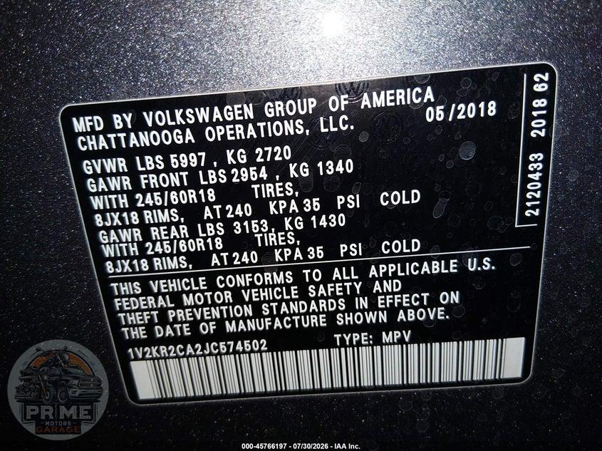 2018 VOLKSWAGEN ATLAS 3.6L V6 SE — фото 9